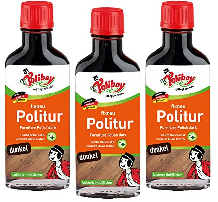 POLIBOY fixneu Politur dunkel - Möbelpolitur für dunkle lackierte Hölzer - farbauffrischende Holzpolitur - 3x 100 ml - Made in Germany