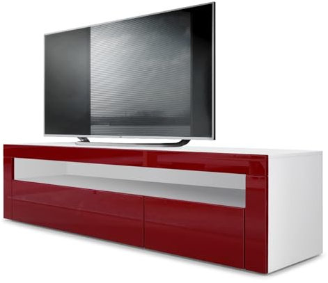 Vladon Lowboard Valencia, Made in Germany, TV-Kommode mit 1 offenem Fach und 2 Klappen, Weiß matt/Bordeaux Hochglanz/Bordeaux Hochglanz (155 x 46 x 40 cm)