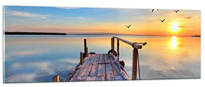 Panorama Bilder auf Glas See Natur Brücke Vögel Glasbild 90x30cm Wandbilder Dekoration Wohnzimmer Schlafzimmer Küche Klein Wanddeko Bild im Glas Wand Kunstdruck Art Modern Wall Decor GAB90x30-2402
