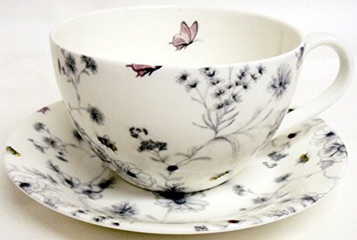 fromeuropewithlove - Set di tazza e piattino da colazione in fine porcellana, con fiori, farfalle e api, decorato a mano nel Regno Unito, tazza grande da 350 ml e piattino
