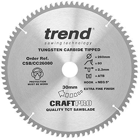 Trend Wood Mitre Saw Blade, 260mm Diameter, 30mm Bore, 80 Teeth, 2.5mm Kerf, -5° Hook, TCT, Extra-Fine Finish, CSB/CC26080