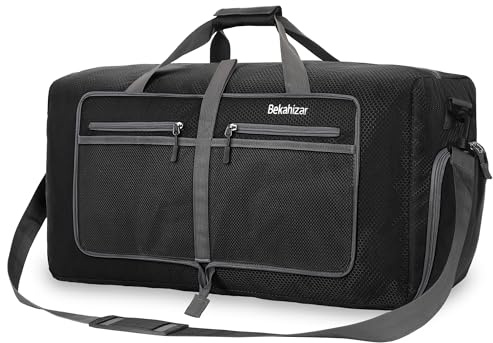 Bekahizar Travel Duffle Bag 60L Lightweight Foldable Holdall Duffels Large Weekend Overnight Bag Packable Carry On Luggage with Shoe Compartment for Men Women Camping Storage Gym Beach (Black)