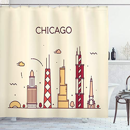 ABAKUHAUS Chicago Duschvorhang, Doodle Stadt, Stoffliches Gewebe Badezimmerdekorationsset mit Haken, 175 x 180 cm, Beige Hellorange
