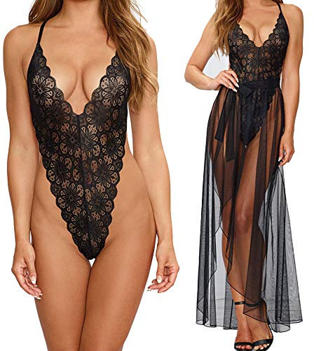 JFAN Nuisette Sexy Femmes Lingerie 2 Pièces Col V Jupe Longue Lingerie en Dentelle sous Vêtements de Nuit Femme de Ménage Lingerie Mignonne Vêtements de Nuit Cadeau de la Saint-Valentin,Noir L