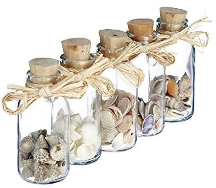Relaxdays Muschel Deko Fläschchen, 5er Set Muschel-Mix, maritime Bad Dekoration, Sea shells, Mini Glasflaschen, natur