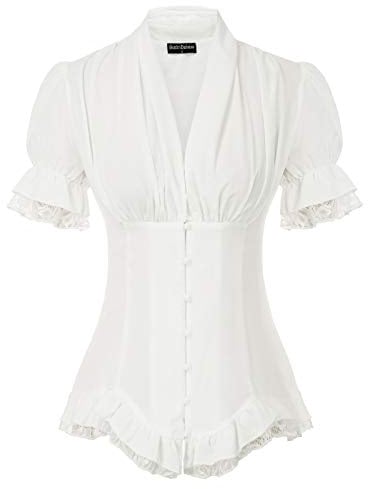 SCARLET DARKNESS Femme Chemisier Manches Courtes Vintage Retro Col en V avec Dentelle Victorienne Chemise Soiree Carnaval Blanc S SL36-1
