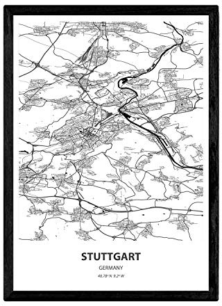 Nacnic Poster mit Karte von Stuttgart - Deutschland. Blätter von Städte in Deutschland mit Meeren und Flüssen in schwarz und weiß. A3