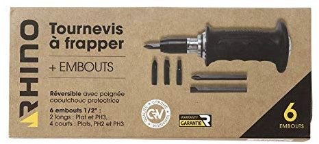 RHINO - Tournevis à frapper 1/2 réversible + 6 embouts 1/2 plats, PH2, PH3 - Poignée ergonomique et protectrice en caoutchouc - Permet de débloquer tous types de vis - Garantie 5 ans