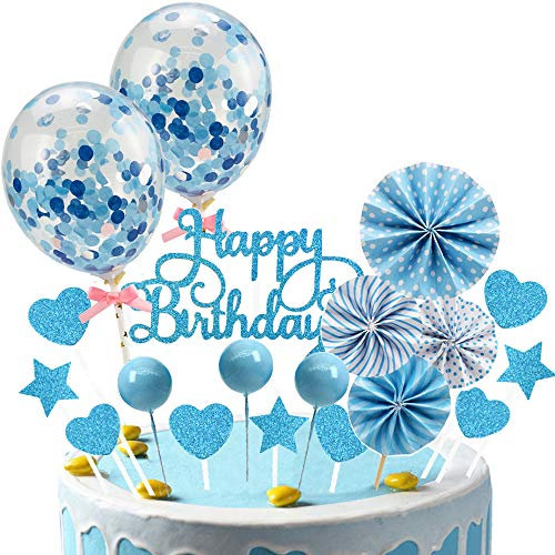 37 Stück Blau Tortendeko Geburstagstorte, Happy Birthday Cake Topper Konfetti Ballon Junge Geburtstag Kuchendeko Torte Topper Kuchen Deko Kuchendekoration mit Sternen Liebe und Papierfächer