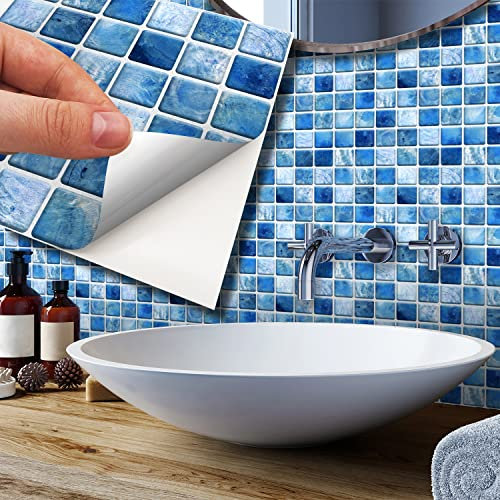 WALPLUS 48pcs 15x15cm Mother Pearl Blue Jewel Mosaic Wall Tile Sticker Set White Aluminium Film Peel and Stick Backsplash Decals Home Decors Splashback for Kitchen Bathroom Tiles Paint Stick on Wall