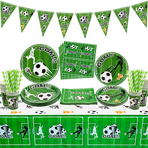 Fußball Geburtstag Deko - Enthält Fußballbanner, Teller, Servietten, Tasse, Tischdecke und Papierstrohhalme für Jungensport-Geburtstagsdekorationen, für 20 Gäste