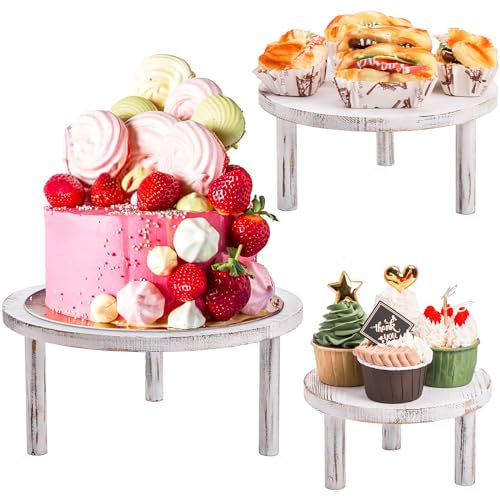 Elsjoy Set of 3 Wood Cupcake Stand Round Dessert Display Riser, Stackable Cupcake Stand with Legs, Whitewashed Shabby Retail Bakery Serving Stand for Table Centerpieces, Wedding, Birthday, Party Decor