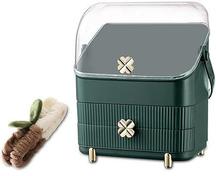 Galatée Multi-Function Make Up Case Dustproof Cosmetic Storage Box,Cosmetics Skin Care Products Jewelry Organizer Case Finishing Box Bedroom Bathroom Desktop,Portable Organizers - Green - C