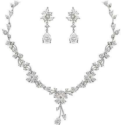 EVER FAITH Brautschmuck für die Braut weiße kubische Zirkonia Teardrop Cluster Blume Hochzeit Halskette Ohrringe Set für Damen Klar Silber-Ton