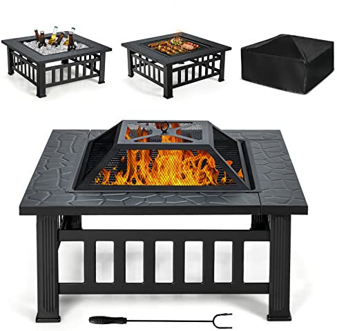 COSTWAY Brasero Extérieur pour Jardin, 81x81x50cm, Foyer Carré 3 en 1 avec Pare-étincelles, Grille Porte-bûches, Gril pour Barbecue, Tisonnier et Couvercle, pour Pique-Nique/Camping/Feu de Camp, Noir