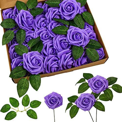 DERAYEE 25 PCS Artificial Roses, Foam Roses Flowers DIY Flower for Wedding Bridal Bouquets Home Party Garden Decorations (Purple)