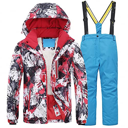 MAOTN Tuta da Sci Cappuccio per Bambini+Pantaloni Neve Salopette Sci,Giacca Giubbino Sci Impermeabile Soft Shell Snowboard per Ragazzo Ragazza,Completo Alpinismo Calda Esterni,Red,130