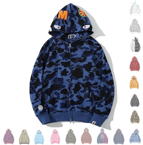 MRRTIME Bape Shark Hoodie, Bape Kapuzenpullover, Men's Jacket, Men's 3D Camouflage Shark Head Hooded Jacket, Hoodie with zipping, Street Fashion, Hoodie with zipping,Ablue,S