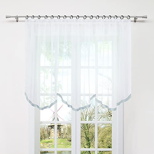 HongYa Gardine Store mit Kräuselband Transparenter Voile Bogenstore Blumenfenster Küche Vorhang mit Satinband H/B 140/400 cm Silber