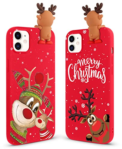 Vauki [2 Pack Noel Coque pour iPhone 11, avec 3D Cerf Poupée Dessin Animé Motif Cadeau de Noël Housse, Rouge Silicone Souple Étui Antichoc Case pour iPhone 11 6.1, Cerf Souriant