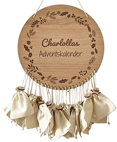 Blumenkranz Adventskalender zum Befüllen und personalisiert mit Wunschnamen - Inkl. 24 Geschenksäckchen - Für Kinder und Erwachsene - Holz - Eichenfurnier - Maße: 38,0 Ø cm - signodoo