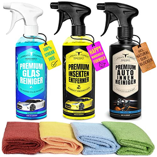 URBAN FOREST Sparset Auto Reiniger + Insektenreiniger + Glasreiniger + 4 Mikrofasertücher zum Pkw reinigen | Autopflege für den Innen- und Außenbereich | Auto-Aufbereitung mit Tiefenwirkung