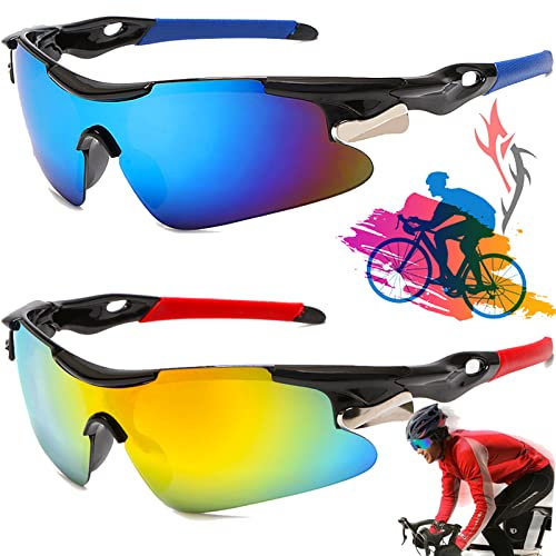 Benaton 2 Stück Schnelle Brille, Fahrradbrille Herren Damen, Fahrradbrille Winddicht Uv 400, Bunte Rennrad Brille, Sportbrille Polarisiert Anti-Uv, Für Das Tägliche Reisen Und Laufen (Blau, Rot)