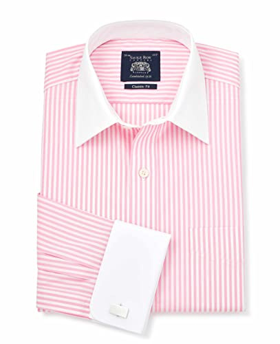 THE SAVILE ROW COMPANY LONDON Men's Classic Fit Cotton Poplin Formal Shirt - Double Cuff - Pink White Stripe with White Collar & Cuffs - 19 Collar - Standard