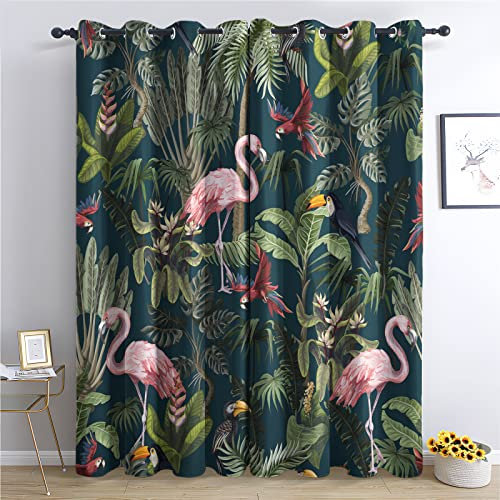 TAKUAN Botanisch Vorhänge Flamingo Verdunklungsvorhänge mit Muster, Vorhang Blickdicht mit Ösen Gardinen Wohnzimmer Schlafzimmer Kinderzimmer Dekoration 2er Set-245 x 140 (H X B)