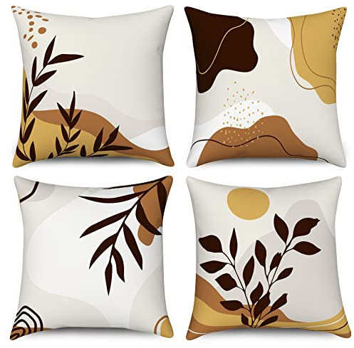 Hnmdmyi Kissenbezug Boho 45x45 4er Set, Abstraktes Blatt Pflanze Berg Dekorative Kissenbezüge Natur Landschaft Minimalistisch Moderne Kunst Leinen Kissenhülle für Sofa Couch Bett Outdoor Home Decor