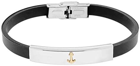 gioiellitaly Bracciale uomo caucciù regolabile con targa e ancora portafortuna dorata centrale