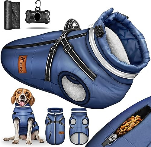TRESKO® Hundejacke Winter mit Reflektoren inkl. 15 Stück Kotbeutel + Spender | Hunderegenmantel wasserdicht | Hundemantel mit Geschirr | Hunde Winterweste gefüttert (XXL, Navyblau)