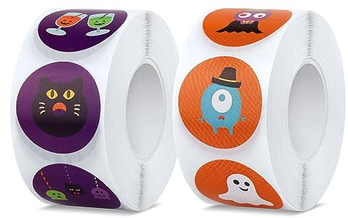 1000pcs Autocollants d'Halloween, 16 Couleurs et Dessins Rouleau d'Autocollants d'Halloween Fantôme de Citrouille Autocollants Ronds d'Halloween pour les Décorations de Fête