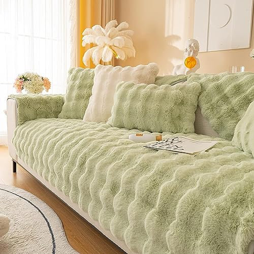 LINGKY Sofabezug Ecksofa L Form Kaninchen Plüsch Sofa Überzug Couchbezug Sofa/Couch Wurfdecke Eckcouch 3/2/1 Sitzer Sofaschutz Sofaüberwurfe Sofaschoner rutschfest Hund Katze (Grün,110x210cm)