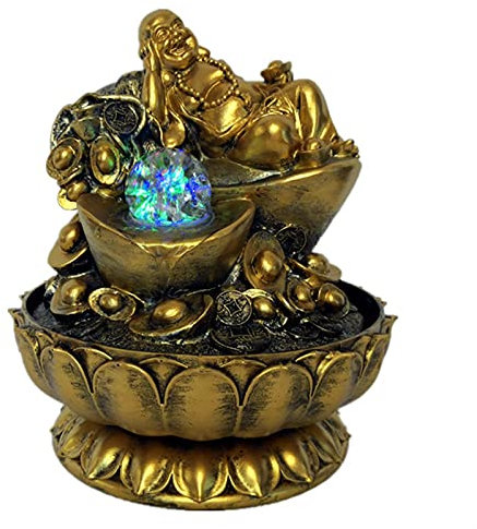 Fontaine de table Cadeaux faits à la main, décorations Feng Shui porte-bonheur, statues de bouddha Maitreya en or, fontaines d'eau d'intérieur de bureau avec boules lumineuses Led Cascade intérieure d