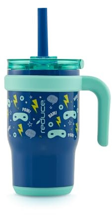 REDUCE Coldee Kinder-Becher mit Deckel und Strohhalm, isolierter Reisebecher, auslaufsicher, schweißfest, BPA-frei, inklusive Griff, wiederverwendbarem Silikon-Trinkhalm, Superhelden-Masken, 400 ml