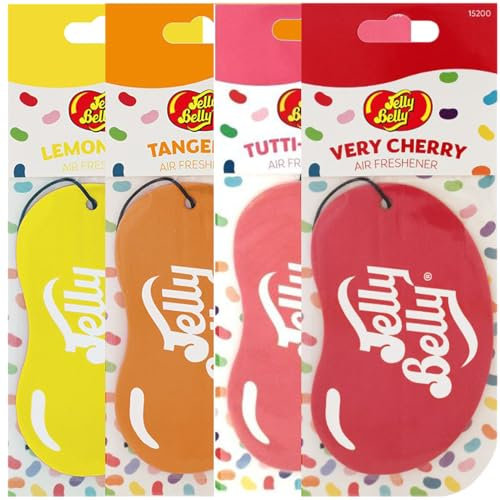 Xtremeauto For Jelly Belly 2D Air Freshener - X4 Pack Car Air Fresheners, Very Cherry, Tangerine, Blueberry & Lemon, For Jelly Belly Air Freshener Car, Cardboard Hanging Airfreshener Bundle