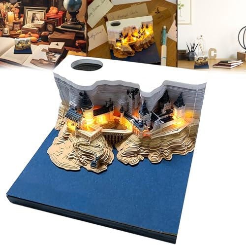 3D Notizblock, 3D Haftnotizen mit Licht, kreatives 3D Magic Castle, Haftnotizen Papierskulptur Bastel DIY Geschenk, Memo Pad Desktop Ornament, 9x9x5cm, 150 Blätter
