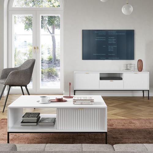 Wohnmöbel Set Wohnwand weiß, Fußgestell schwarz, 2-teilig, 1 Couchtisch, 1 Lowboard