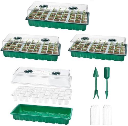 AmoJLnks 6 Pack Seed Tray with Grow Lights,72 Cell Seedling Propagation Trays with Elevated Lids,Reusable Plastic Germination Starter Kit for Greenhouse and Garden (3 * 36 Seed Trays)