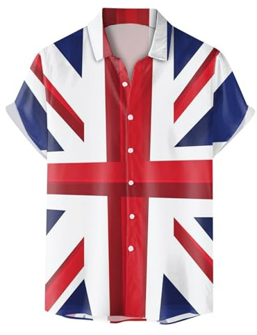 NNGOTD Men's Union Jack Hawaiian Shirts UK British Flag Print Short Sleeve Shirt Regular Fit Summer Shirt Casual Button Down Beach Shirt Tropical Vacation Tops England United Kingdom Holiday Clothes