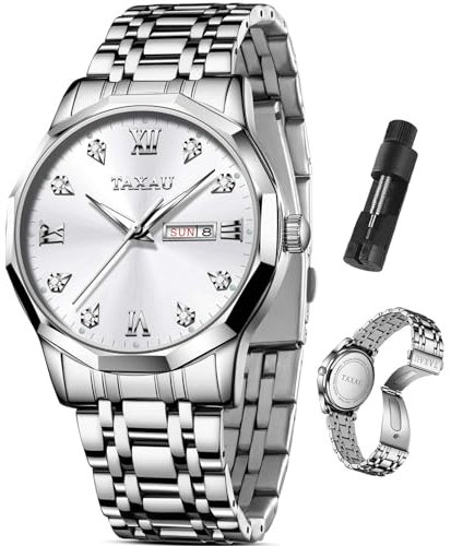 Taxau Uhren Herren Silber Klassische Edelstahl Uhren für Herrenkleid Diamant römische Uhren für Männer wasserdichte Analog Quarz Herrenuhren Reloj para Hombre