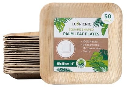ECOPICNIC Lot de 50 assiettes carrées en feuille de palmier - 15 x 15 cm - Assiettes jetables et compostables - Vaisselle jetable durable pour barbecues, pique-niques et fêtes d'anniversaire