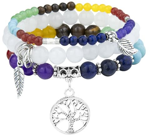 JUZICHEN 3 pcs Bracelet Pierre Naturelle Femme,Boho Bracelet Perles Femme Avec Pendentif Arbre De Vie,Bracelets De Yoga Femmes,17-24 cm Bracelets Pierre Coloré,Bijoux Cadeau Pour Femmes Fille (H)