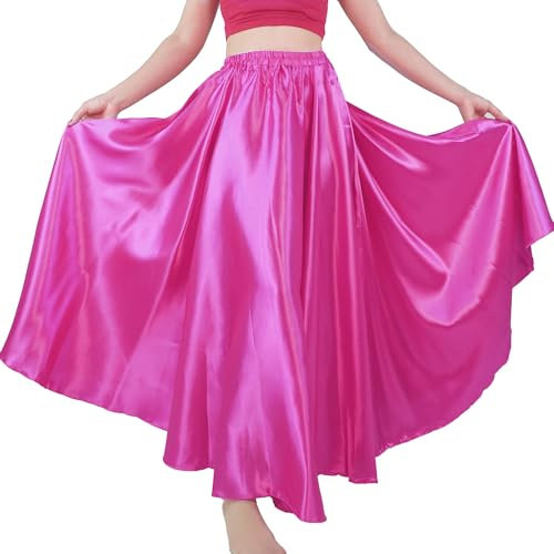 MUNAFIE Jupe Longue en Satin pour Femme - Jupe de Danse du Ventre - Costume de Danse du Ventre pour la Performance - Carnaval, Rose, Taille Unique