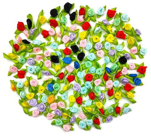 Niuhong 200 Pcs Mini Künstliche Blumen Mit Blatt Kleine Stoffrosen Bunt Satin Stoffblumen Rosen Blütenköpfe DIY Basteln Kleidung Aufnähen Garland Haarschmuck Hochzeit Party Deko (Mischfarbe)