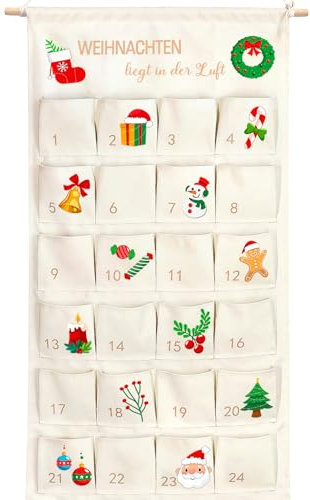 Shining She 2024 Adventskalender zum Befüllen Stoff,100 x 50 cm Weihnachtskalender zum Befüllen Wiederverwendbar mit 24 Taschen,Adventskalender zum Aufhängen Hängend zum Wand Tür Weihnachten Deko
