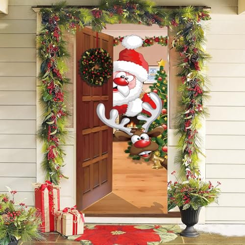 KOIROI Couverture de porte de Noël, décoration de porte de Père Noël, bannière suspendue de Père Noël, bannière de fond pour porte d'entrée, véranda, décoration de Noël (200 x 90 cm)