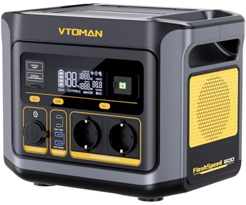 VTOMAN FlashSpeed 600 Estación de Energía Portátil 499Wh - 600W(1200W Pico) Generador Solar con Batería LiFePO4, 80% Carga Rápida en 1H, Capacidad Ampliable Para Camping, Autocaravana, Fiestas, Pesca