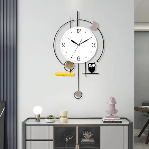 EMITDOOG Große Wanduhr, Eule, Dekorative Wanduhr für Wohnzimmer, Modernes Design mit Metallrahmen, Batteriebetrieben, Leise, 58 cm x 33 cm, Gelb-weiß